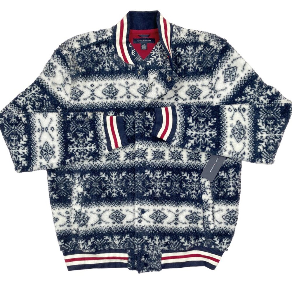 NEW Tommy Hilfiger Fleece Sherpa Jacket! Winter Snowflake Design  Varsity Style